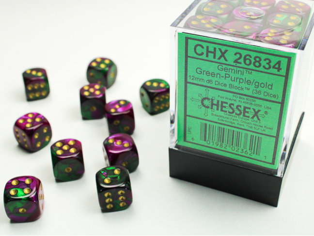 Chessex Green-Purple/gold - 36 Gemini 12mm D6 Dice Block