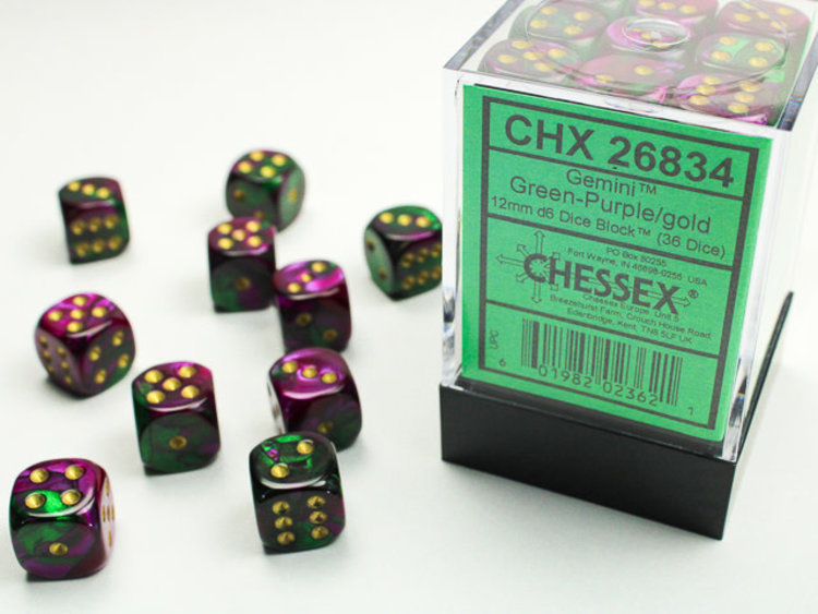 Chessex Chessex: Green-Purple/gold - 36 Gemini 12mm D6 Dice Block
