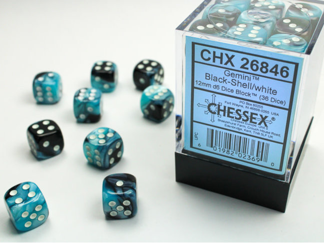 Chessex Black-Shell/white - 36 Gemini 12mm D6 Dice Block