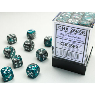 Chessex Steel-Teal/white - 36 Gemini 12mm D6 Dice Block