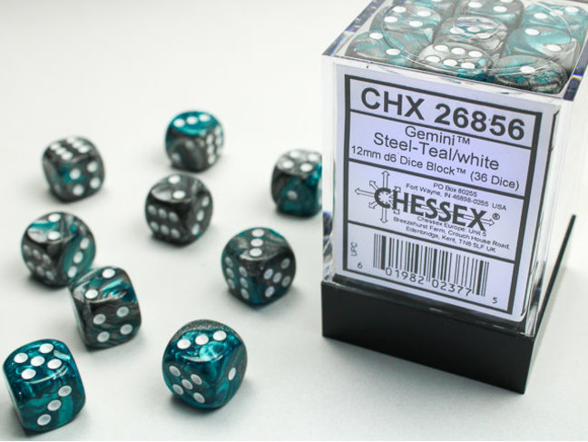 Chessex Steel-Teal/white - 36 Gemini 12mm D6 Dice Block
