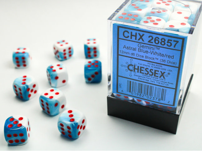 Chessex Astral Blue-White/red - 36 Gemini 12mm D6 Dice Block