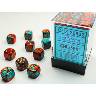 Chessex Red-Teal/gold - 36 Gemini 12mm D6 Dice Block