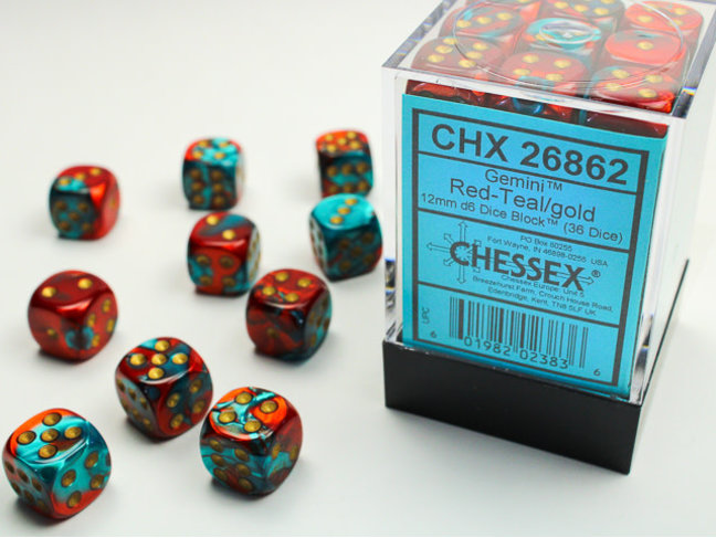 Chessex Red-Teal/gold - 36 Gemini 12mm D6 Dice Block