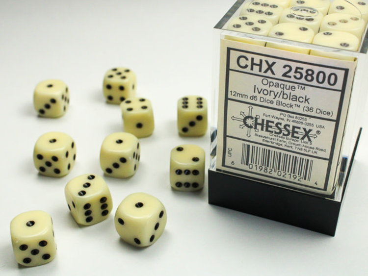 Chessex Chessex: Ivory/black - 36 Opaque 12mm D6 Dice Block
