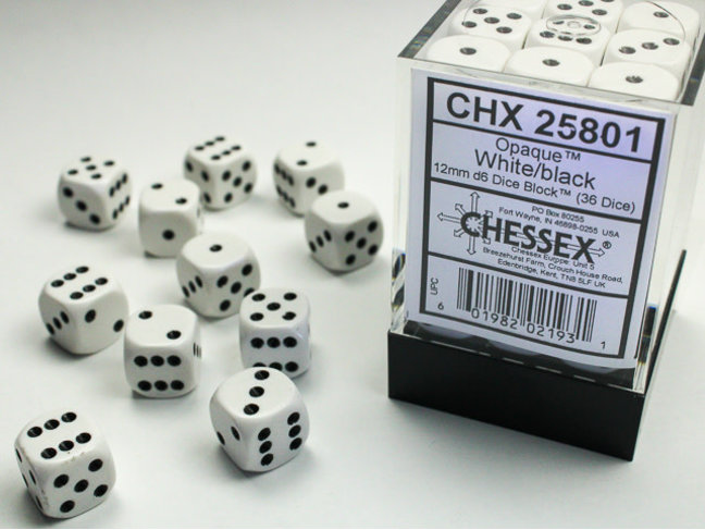 Chessex White/black - 36 Opaque 12mm D6 Dice Block