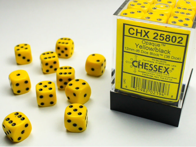 Chessex Yellow/black - 36 Opaque 12mm D6 Dice Block