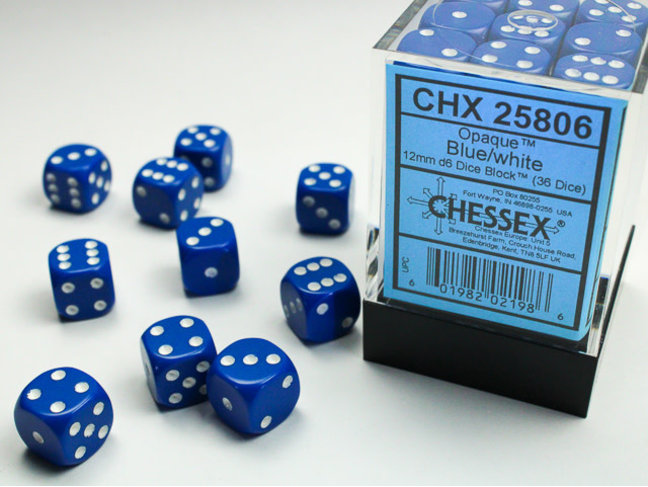 Chessex Blue/white - 36 Opaque 12mm D6 Dice Block
