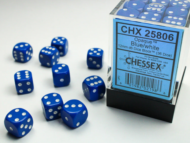 Chessex Chessex: Blue/white - 36 Opaque 12mm D6 Dice Block