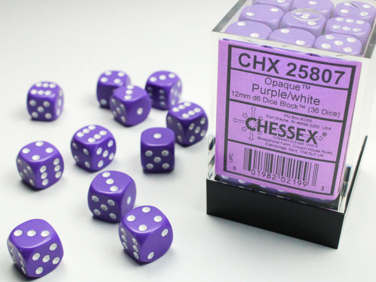 Chessex Chessex: Purple/white - 36 Opaque 12mm D6 Dice Block