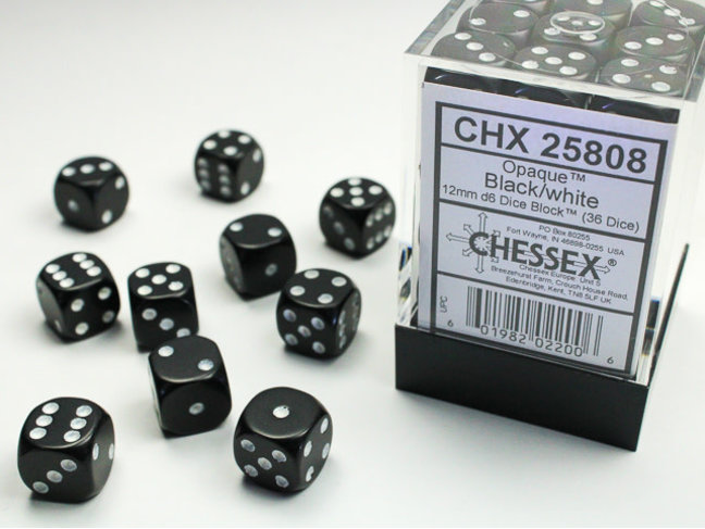 Chessex Black/white - 36 Opaque 12mm D6 Dice Block