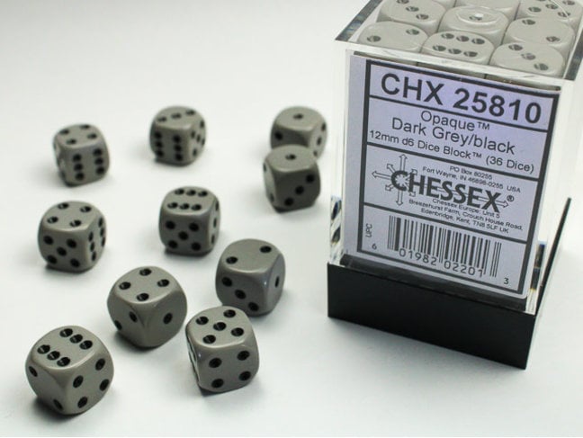 Chessex Dark Grey/black - 36 Opaque 12mm D6 Dice Block