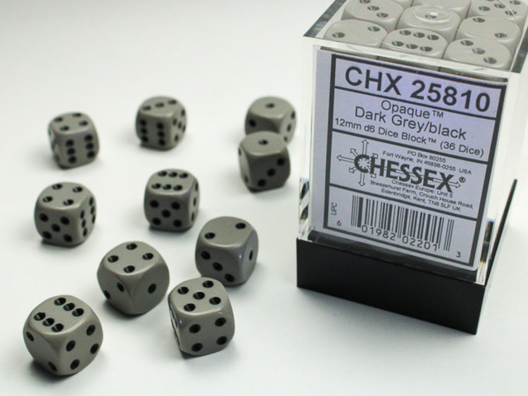 Chessex Chessex: Dark Grey/black - 36 Opaque 12mm D6 Dice Block