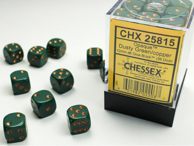 Chessex Dusty Green/copper - 36 Opaque 12mm D6 Dice Block