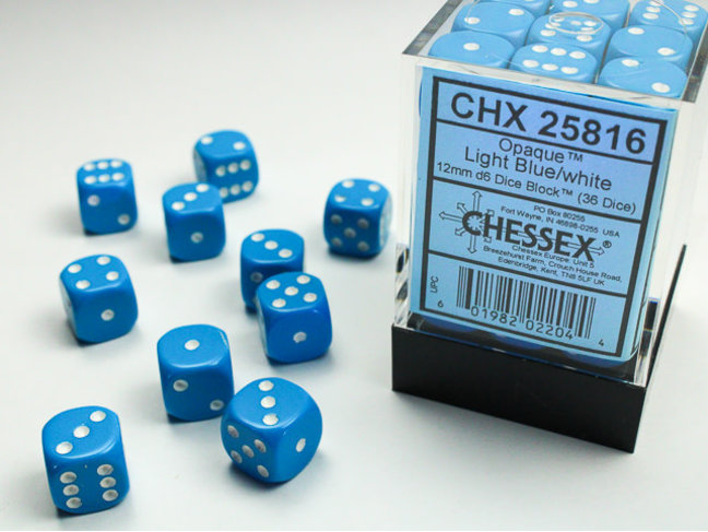 Chessex Light Blue/white - 36 Opaque 12mm D6 Dice Block