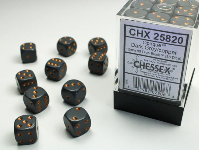 Chessex Dark Grey/copper - 36 Opaque 12mm D6 Dice Block
