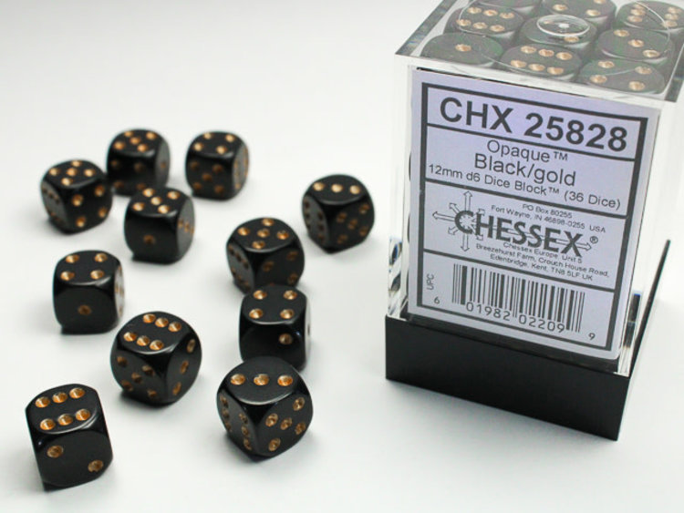 Chessex Chessex: Black/gold - 36 Opaque 12mm D6 Dice Block