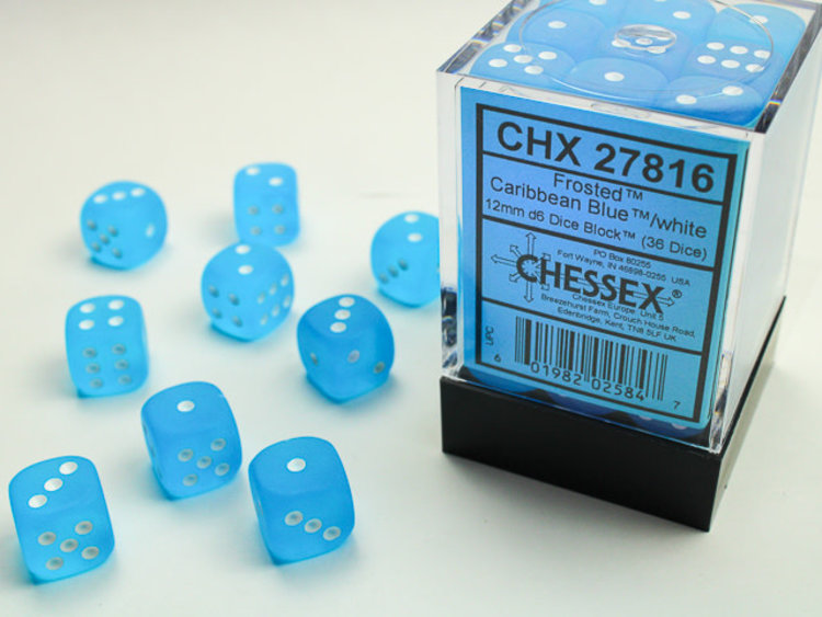 Chessex Chessex: Caribbean Blue/white - 36 Frosted 12mm D6 Dice Block