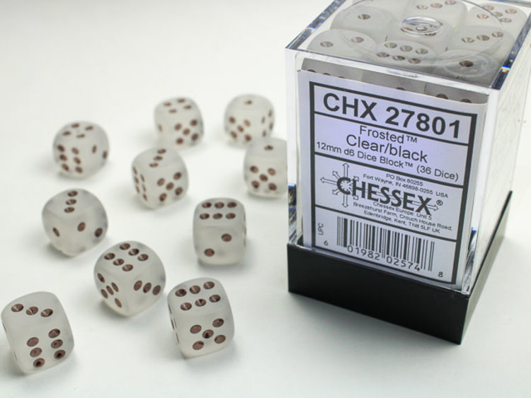 Chessex Chessex: Clear/black - 36 Frosted 12mm D6 Dice Block