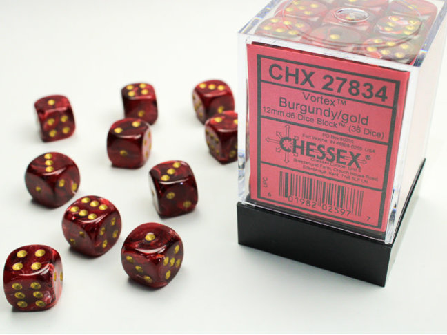 Chessex Burgundy/gold - 36 Vortex 12mm D6 Dice Block