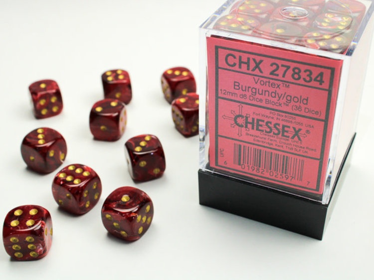 Chessex Chessex: Burgandy/gold - 36 Vortex 12mm D6 Dice Block