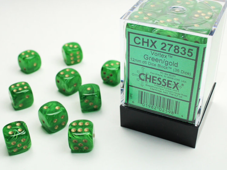 Chessex Chessex: Green/gold - 36 Vortex 12mm D6 Dice Block