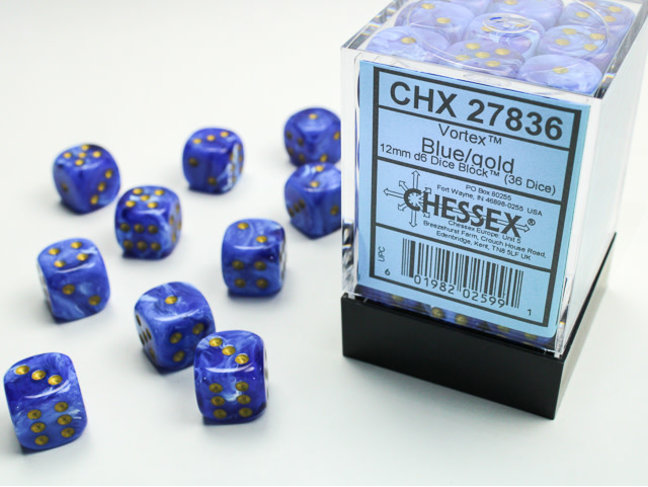 Chessex Blue/gold - 36 Vortex 12mm D6 Dice Block