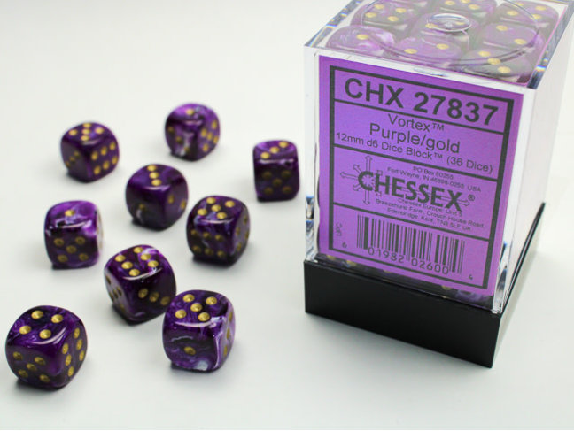 Chessex Purple/gold - 36 Vortex 12mm D6 Dice Block