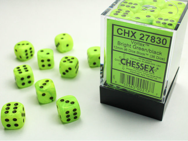 Chessex Bright Green/black - 36 Vortex 12mm D6 Dice Block