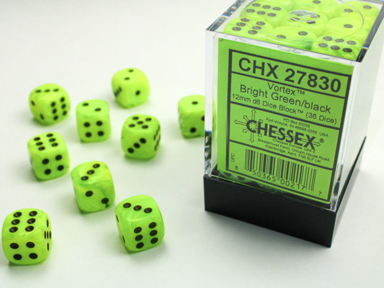 Chessex Chessex: Bright Green/black - 36 Vortex 12mm D6 Dice Block