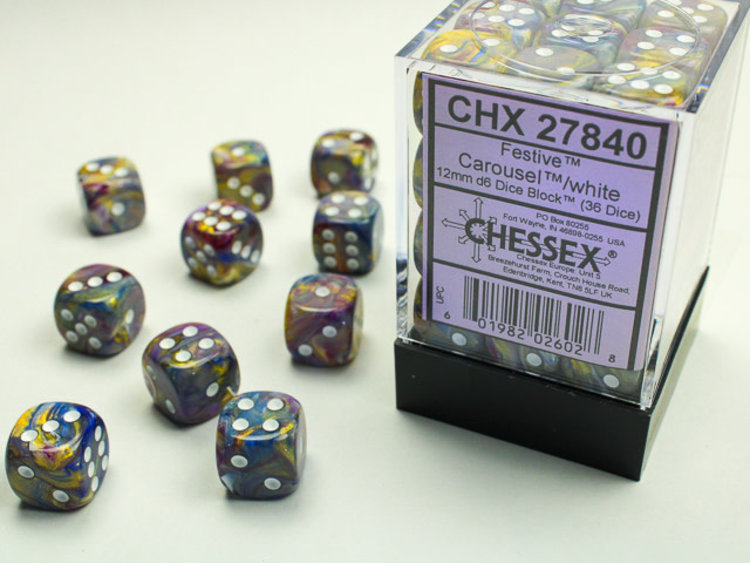 Chessex Chessex: Carousel/white - 36 Festive 12mm D6 Dice Block