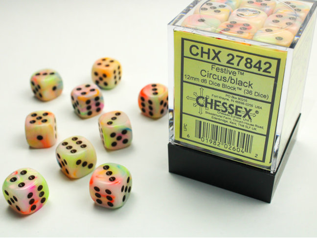 Chessex Circus/black 36 Festive 12mm D6 Dice Block