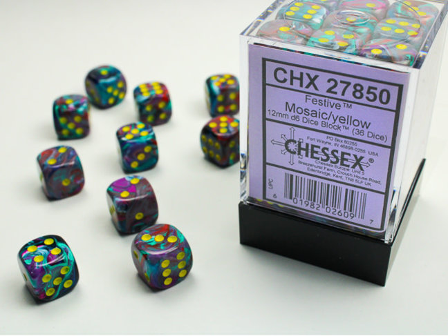 Chessex Mosaic/yellow - 36 Festive 12mm D6 Dice Block