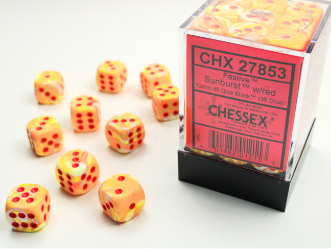 Chessex Sunburst/red - 36 Festive 12mm D6 Dice Block