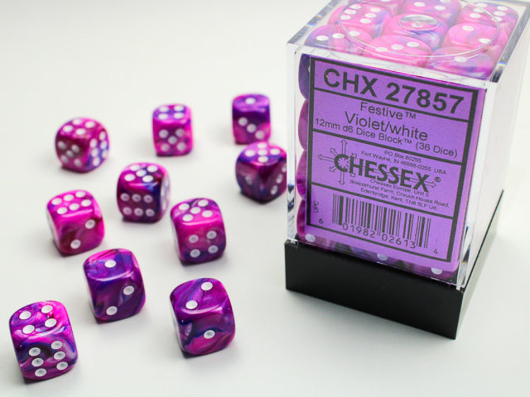 Chessex Chessex: Violet/white - 36 Festive 12mm D6 Dice Block