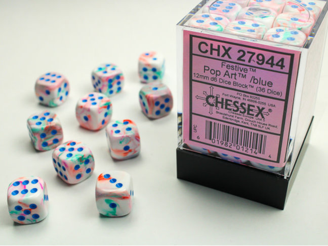 Chessex Pop Art/blue - 36 Festive 12mm D6 Dice Block