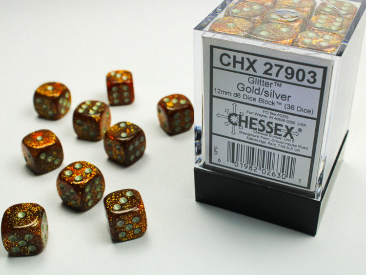 Chessex Chessex: Gold/silver - 36 Glitter 12mm D6 Dice Block
