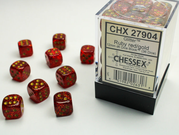Chessex Chessex: Ruby/gold - 36 Glitter 12mm D6 Dice Block