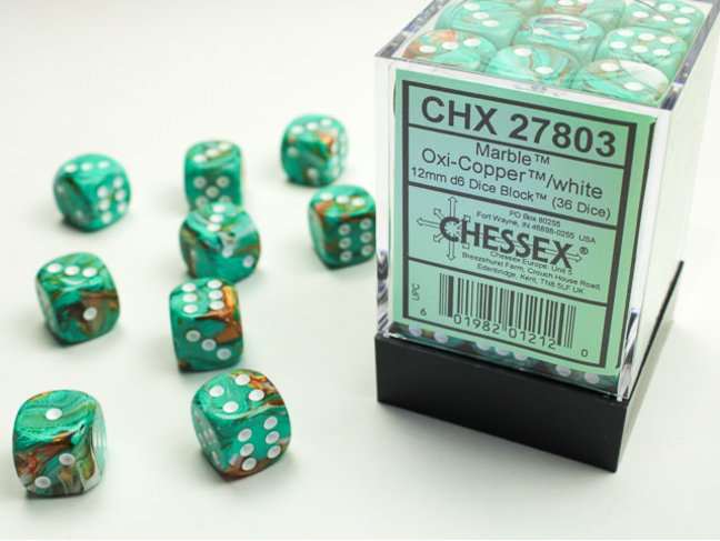 Chessex Oxi-Copper/white - 36 Marble 12mm D6 Dice Block