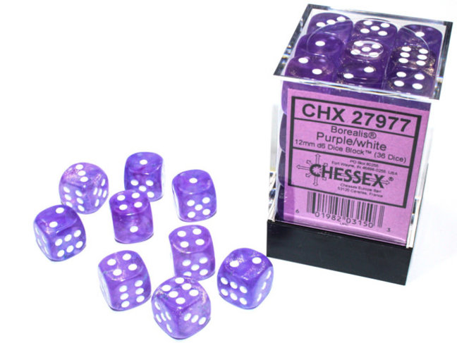 Chessex Purple/white - 36 Borealis 12mm D6 Dice Block