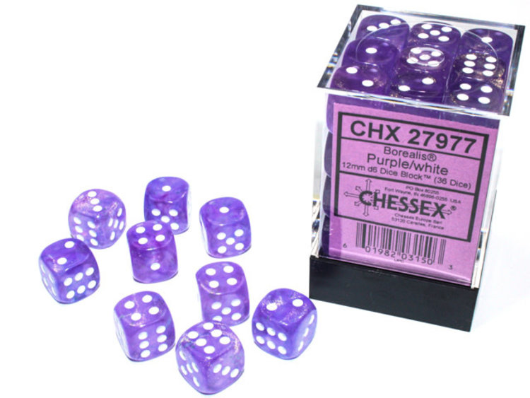 Chessex Chessex: Purple/white - 36 Borealis 12mm D6 Dice Block