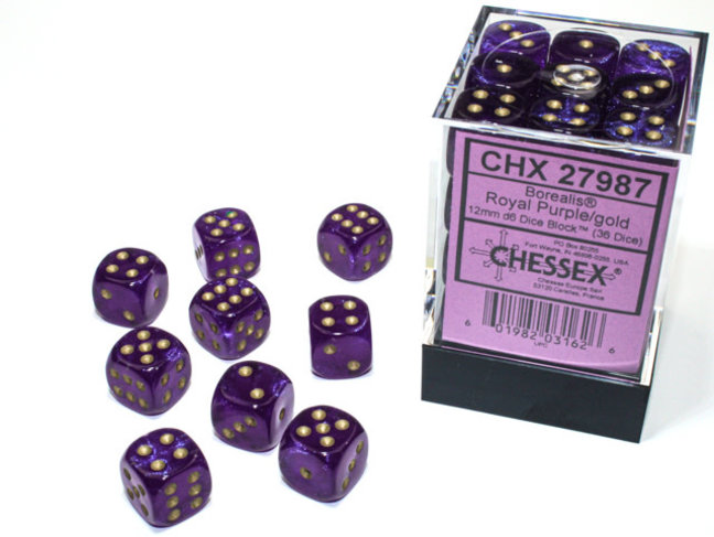 Chessex Royal Purple/gold - 36 Borealis 12mm D6 Dice Block