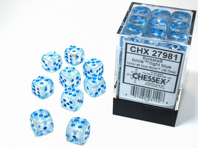 Chessex Icicle/light blue - 36 Borealis Luminary 12mm D6 Dice Block