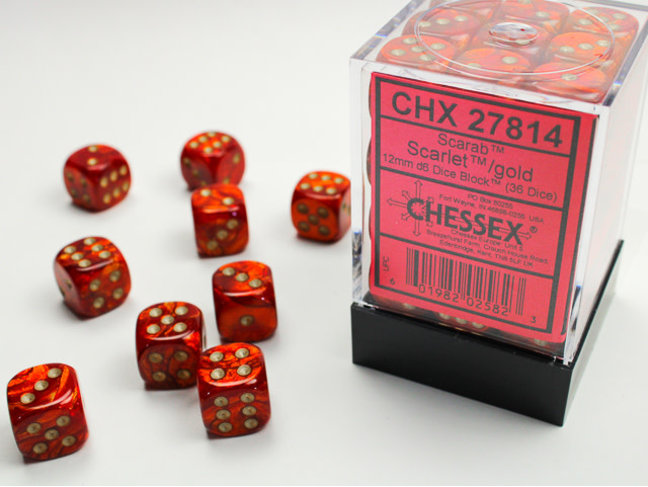 Chessex Scarlet/gold - 36 Scarab 12mm D6 Dice Block