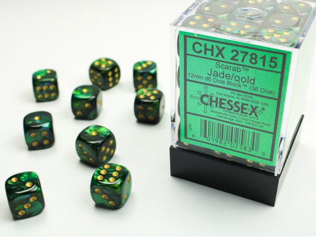 Chessex Jade/gold - 36 Scarab 12mm D6 Dice Block