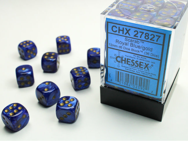 Chessex Royal Blue/gold - 36 Scarab 12mm D6 Dice Block
