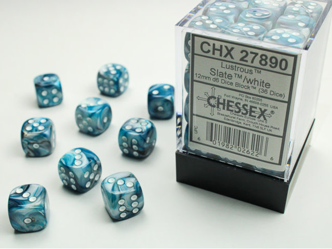 Chessex Slate/white - 36 Lustrous 12mm D6 Dice Block