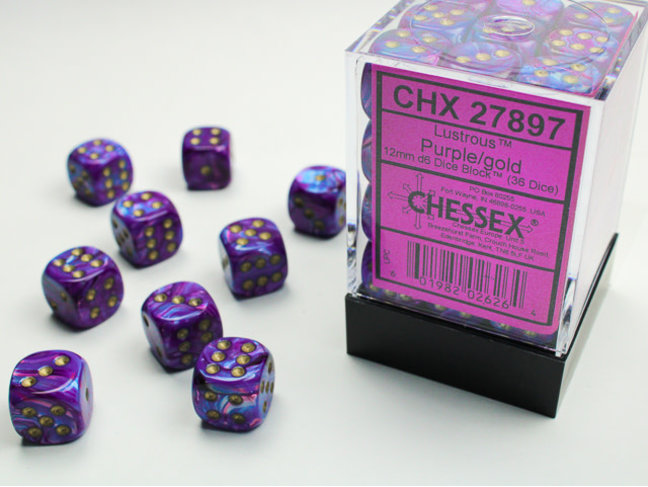 Chessex Purple/gold - 36 Lustrous 12mm D6 Dice Block