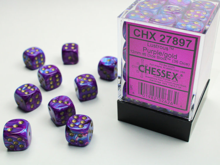 Chessex Chessex: Purple/gold - 36 Lustrous 12mm D6 Dice Block