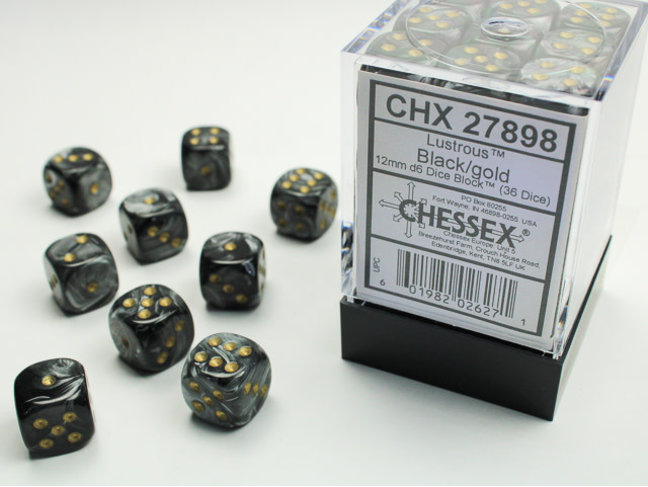 Chessex Black/gold - 36 Lustrous 12mm D6 Dice Block